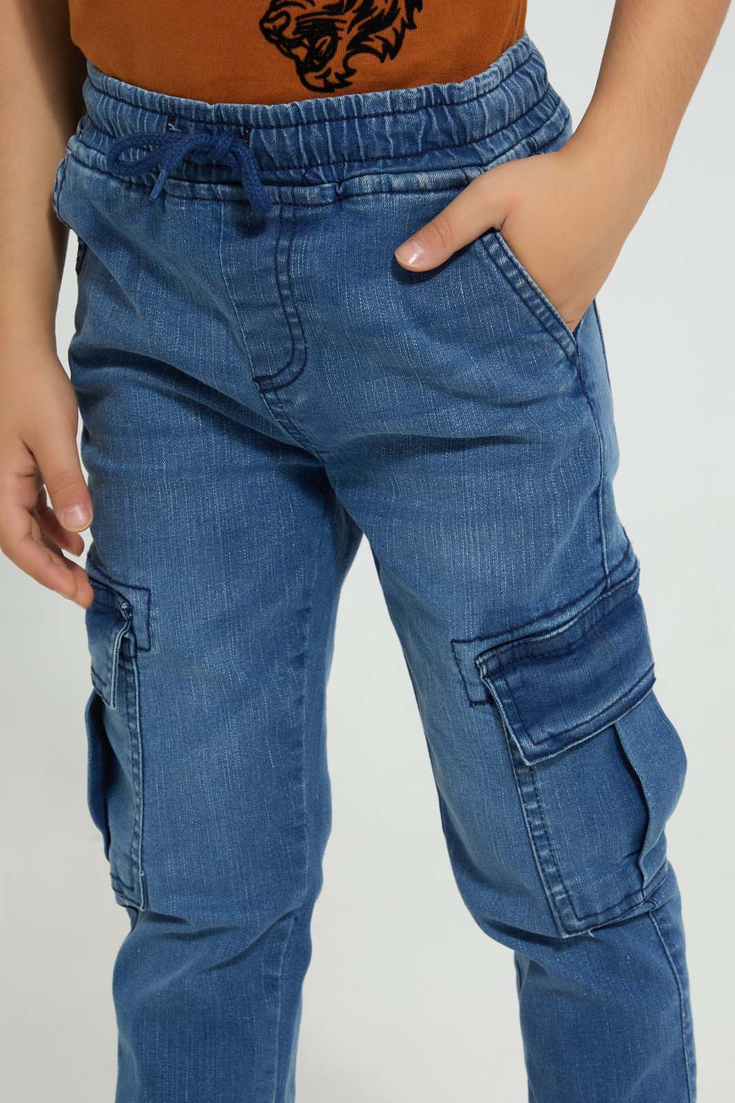 Redtag-Mid-Wash-Cargo-Stretch-Denim-Jogger-Jeans-Pull-On-Boys-2 to 8 Years
