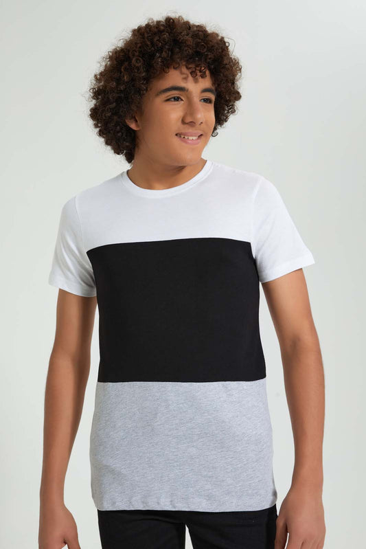 Redtag-White-Color-Block-T-Shirt-All-Over-Prints-Senior-Boys-9 to 14 Years