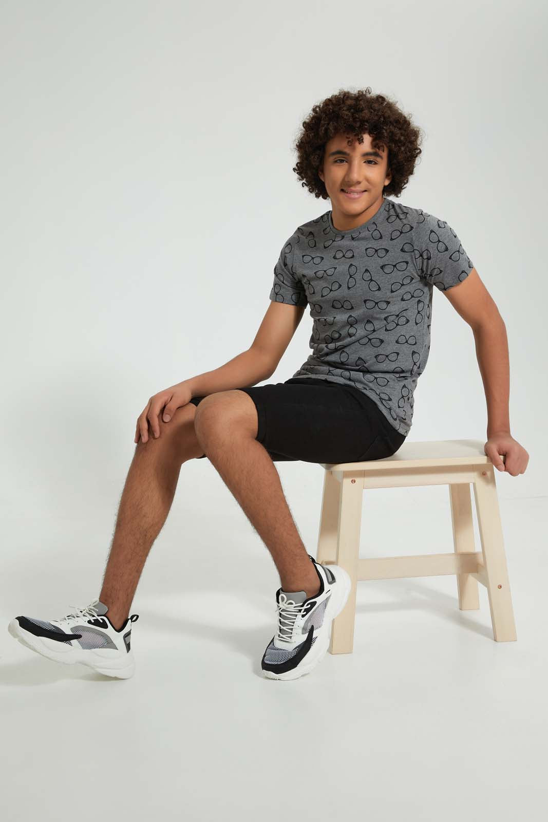 Redtag-Charcoal-Glasses-Allover-Print-T-Shirt-All-Over-Prints-Senior-Boys-9 to 14 Years
