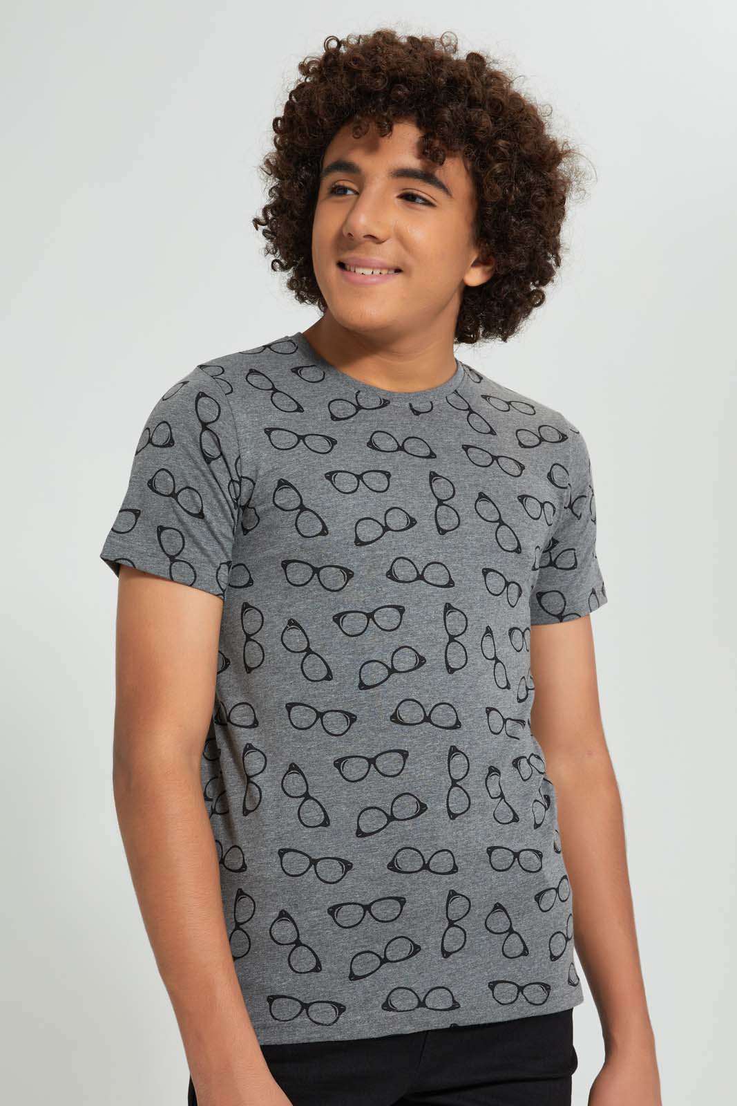 Redtag-Charcoal-Glasses-Allover-Print-T-Shirt-All-Over-Prints-Senior-Boys-9 to 14 Years