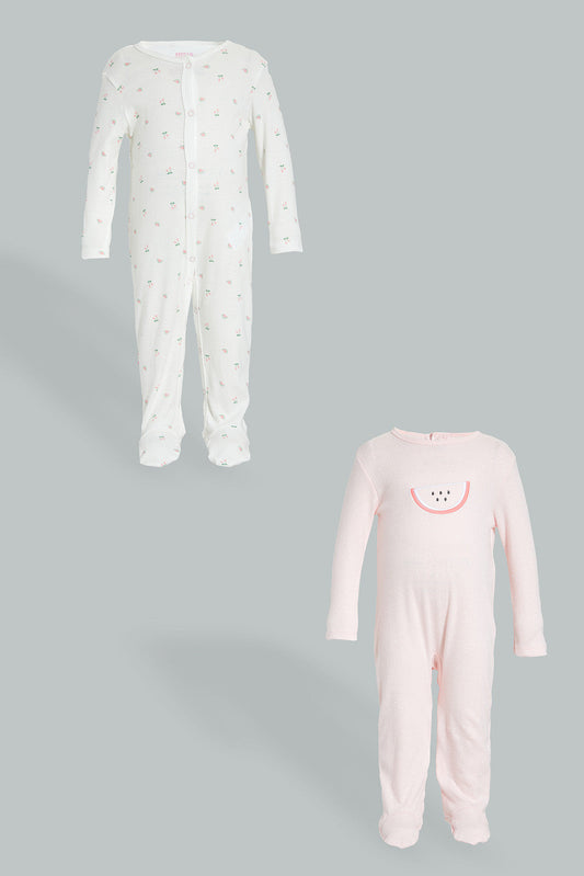 Redtag-Pink-And-White-Watermelon-Printed-2-Pack-Romper-Sleepsuits-Baby-0 to 12 Months