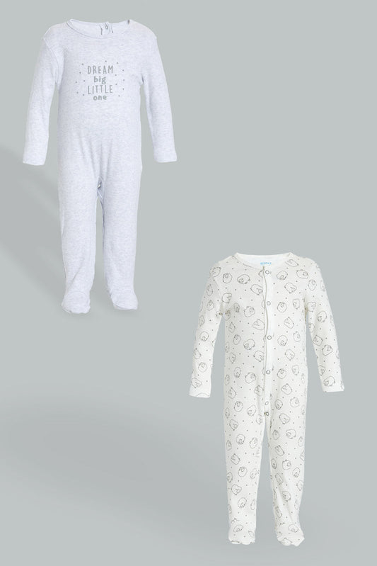 Redtag-Grey-And-White-Sheep--Printed-2-Pack-Romper-Sleepsuits-Baby-0 to 12 Months