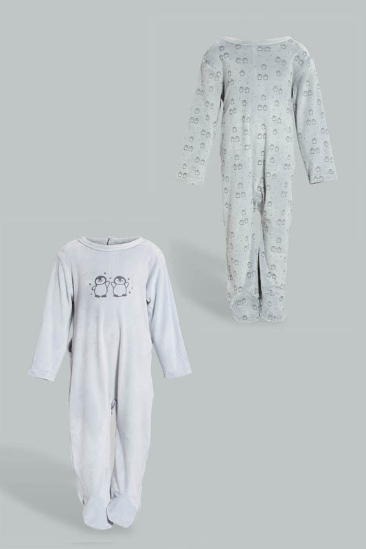 Redtag-Grey-And-Charcoal-Penguinveloure-2-Packs-Sleepsuit-Sleepsuits-Baby-0 to 12 Months