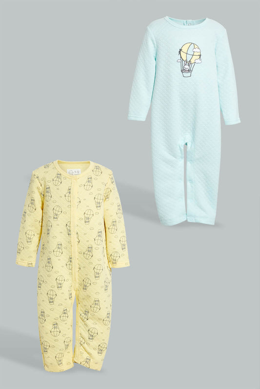 Redtag-Mint-And-Yellow-Baloon-2-Pack-Quilted-Jacquard-Romper-Rompers-Baby-0 to 12 Months