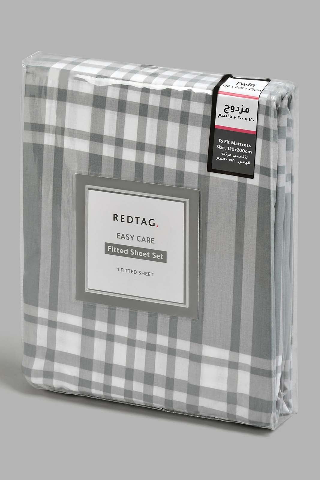 Redtag-Grey-Check-Printed-Fitted-Sheet(Twin-Size)-Fitted-Sheets-Home-Bedroom-