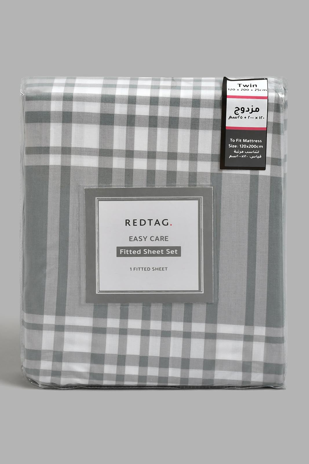 Redtag-Grey-Check-Printed-Fitted-Sheet(Twin-Size)-Fitted-Sheets-Home-Bedroom-