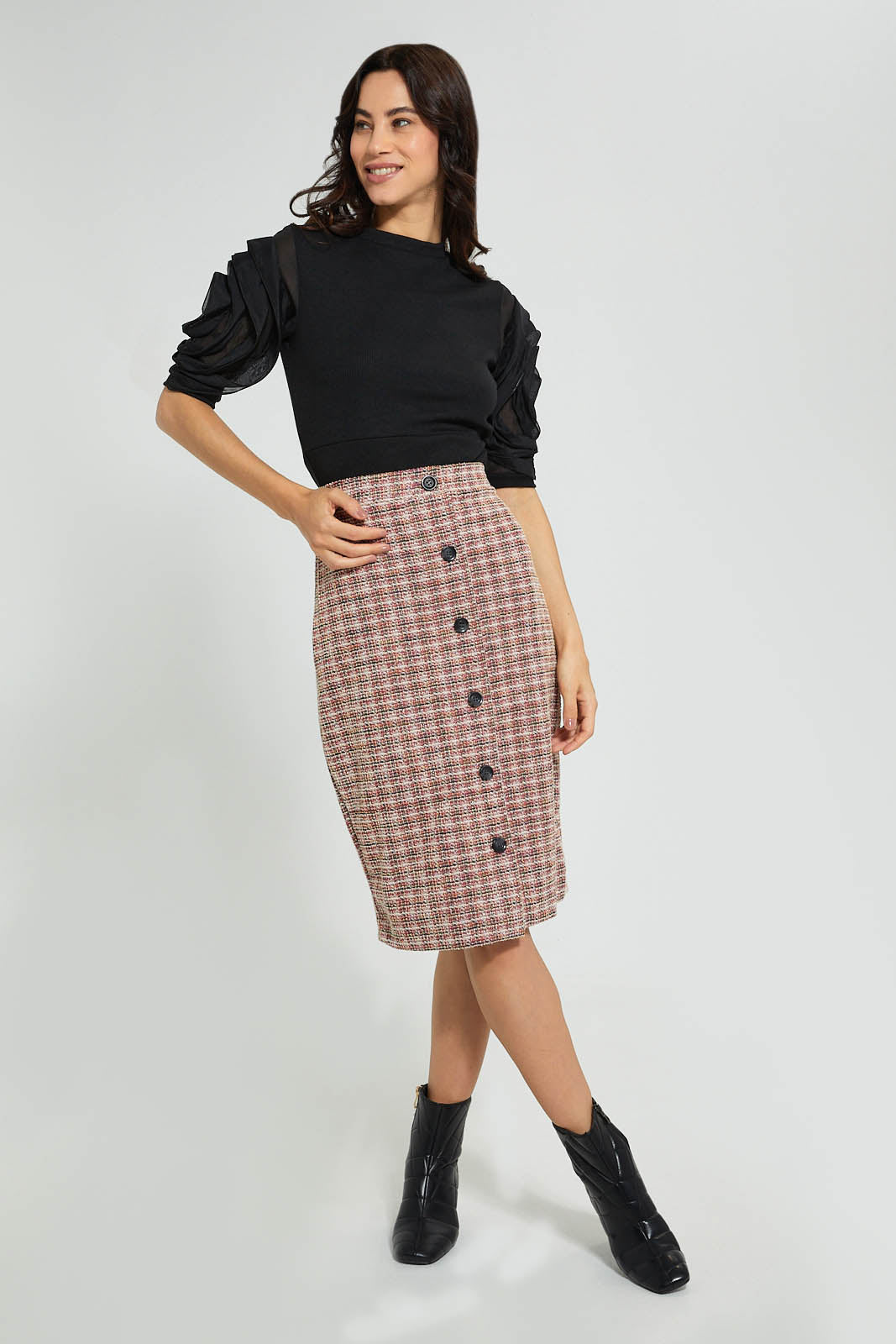 Women Multicolour Front Button Pencil Skirt