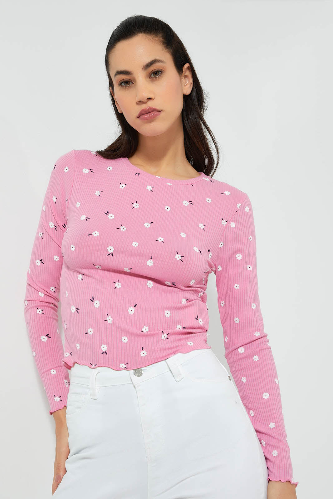 Redtag-Navy-Rib-Allover-Printed-Long-Sleeve-T-Shirt-Active-Tees-Women's-