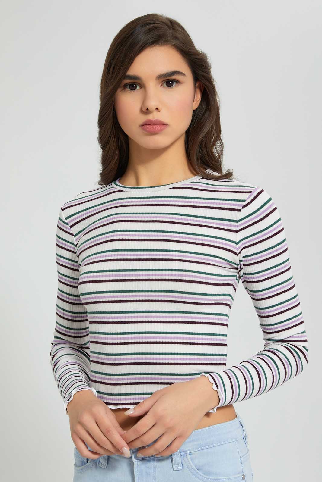 Redtag-White-Rib-Strips-Long-Sleeve-T-Shirt-Striped-Women's-