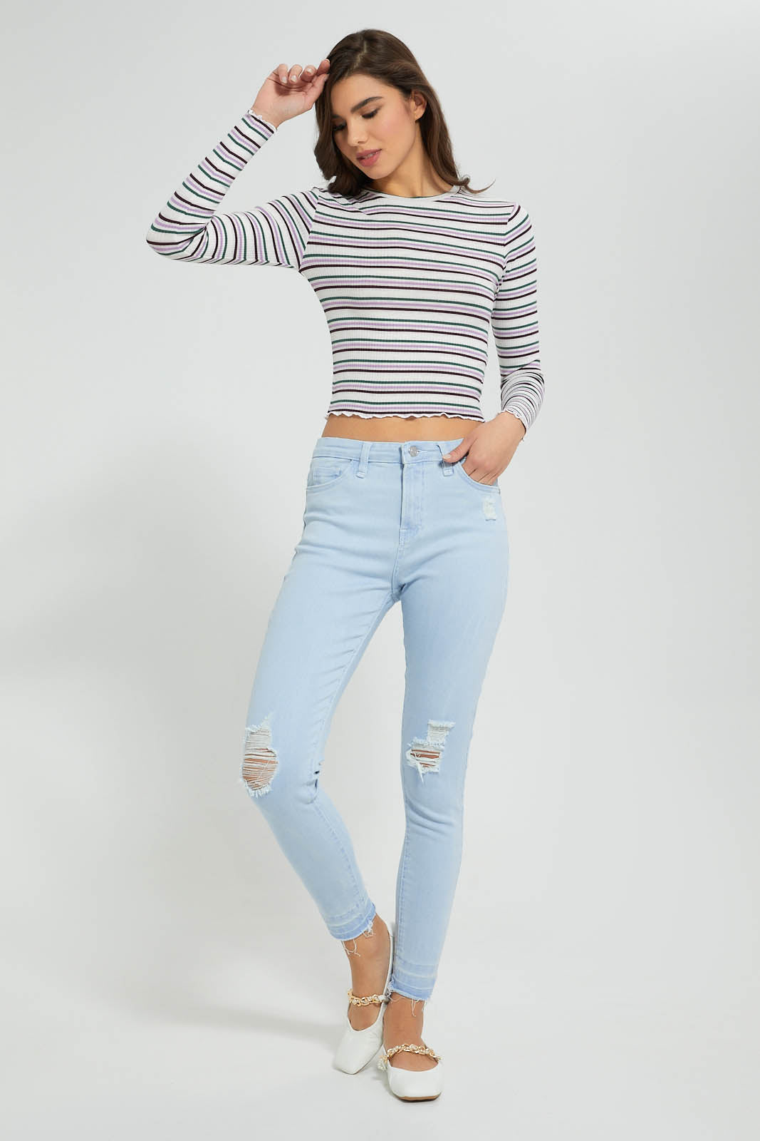 Redtag-White-Rib-Strips-Long-Sleeve-T-Shirt-Striped-Women's-