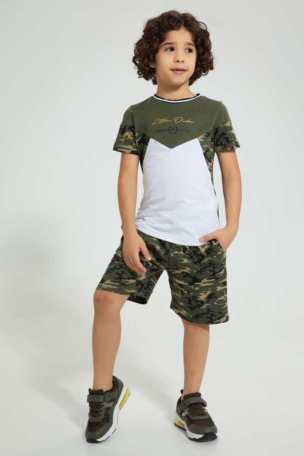 Redtag-Green-Little-Dude-Print-Cut-N-Sew-Shorts-Set-Sets-Boys-2 to 8 Years