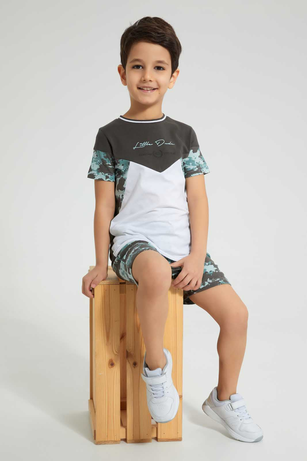 Redtag-Grey-Little-Dude-Print-Cut-N-Sew-Shorts-Set-Sets-Boys-2 to 8 Years