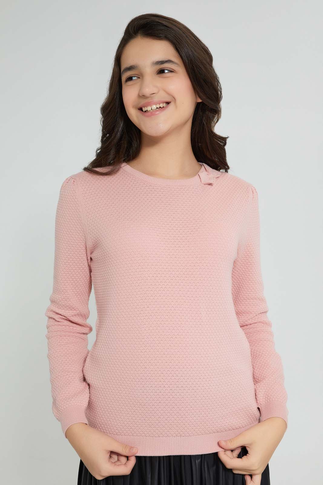 Redtag-Pink-Pullover-With-Bow-Jumpers-Senior-Girls-9 to 14 Years