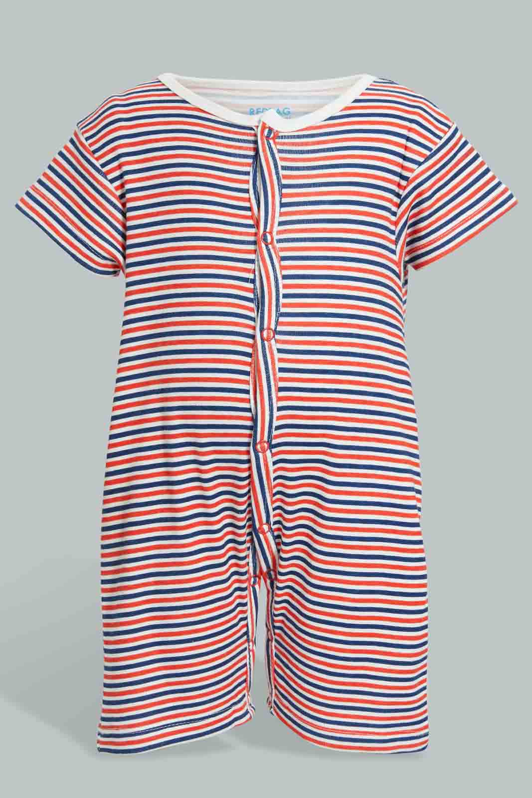 Redtag-Navy-And-Red--Stripe-Romper-Rompers-Baby-0 to 12 Months