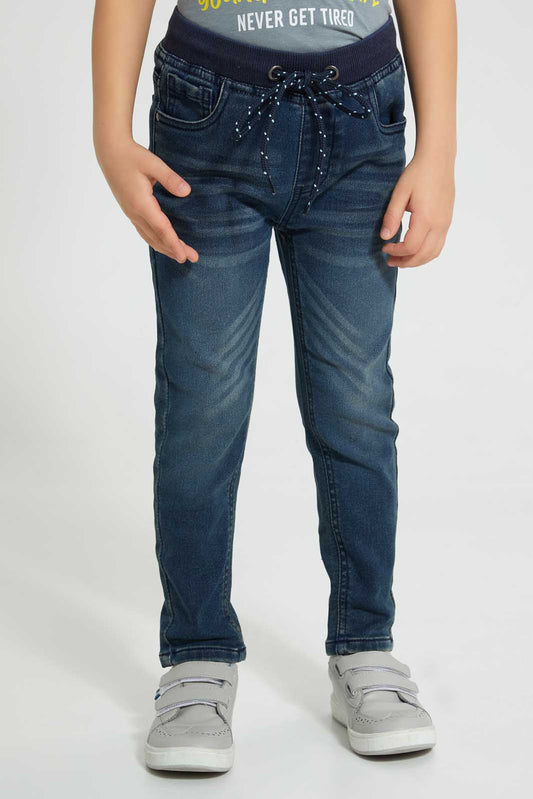 Redtag-Dark-Wash-Knit-Denim-Pull-On-Jean-With-Rib-Waistband-Jeans-Regular-Fit-Boys-2 to 8 Years