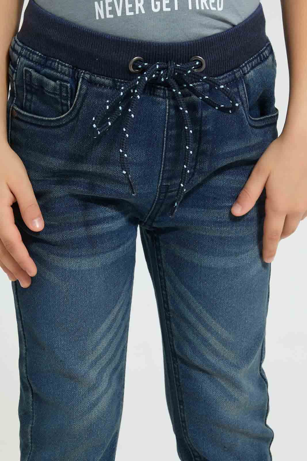 Redtag-Dark-Wash-Knit-Denim-Pull-On-Jean-With-Rib-Waistband-Jeans-Regular-Fit-Boys-2 to 8 Years