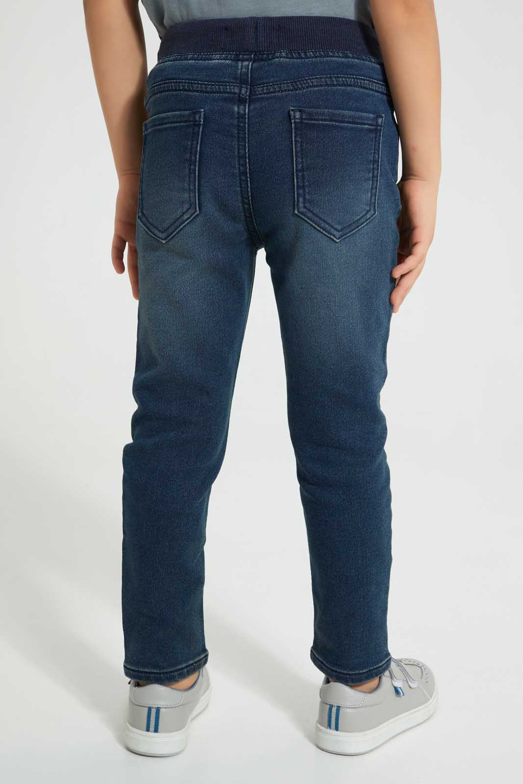 Redtag-Dark-Wash-Knit-Denim-Pull-On-Jean-With-Rib-Waistband-Jeans-Regular-Fit-Boys-2 to 8 Years