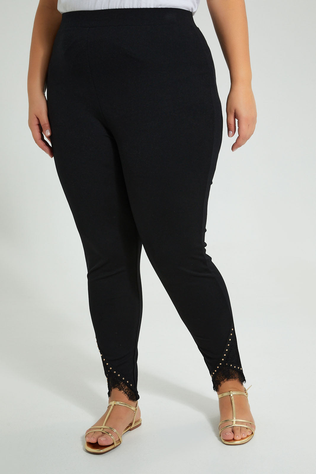Redtag-Black-Ponte-Legging-With-Lace-&-Studs-At-Hem-Colour:Black,-Filter:Plus-Size,-LDP-Leggings,-New-In,-New-In-LDP,-Non-Sale,-S22A,-Section:Women-Women's-