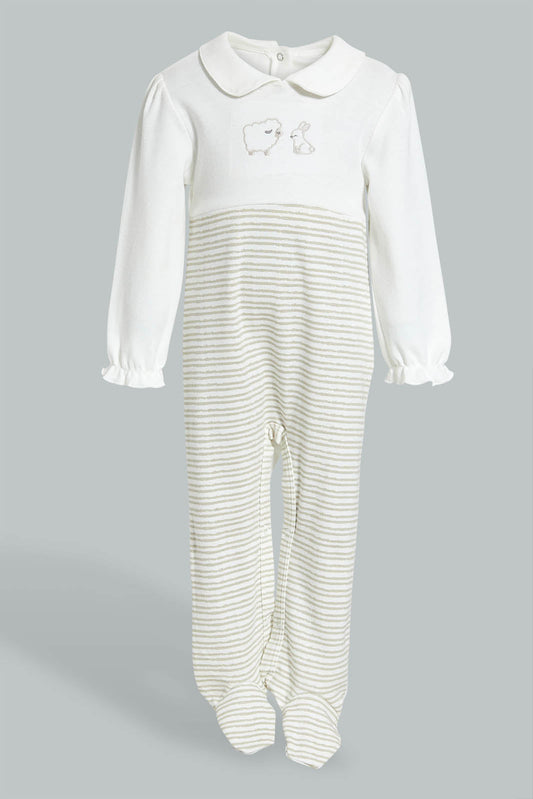 Redtag-White-And-Beige--Stripe-Sleepsuit-With-Peterpan-Collar-Sleepsuits-Baby-0 to 12 Months