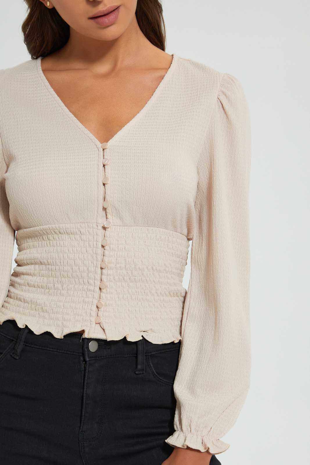 Redtag-Beige-Button-Front-Shirred-Waist-Top-Tops-Women's-0