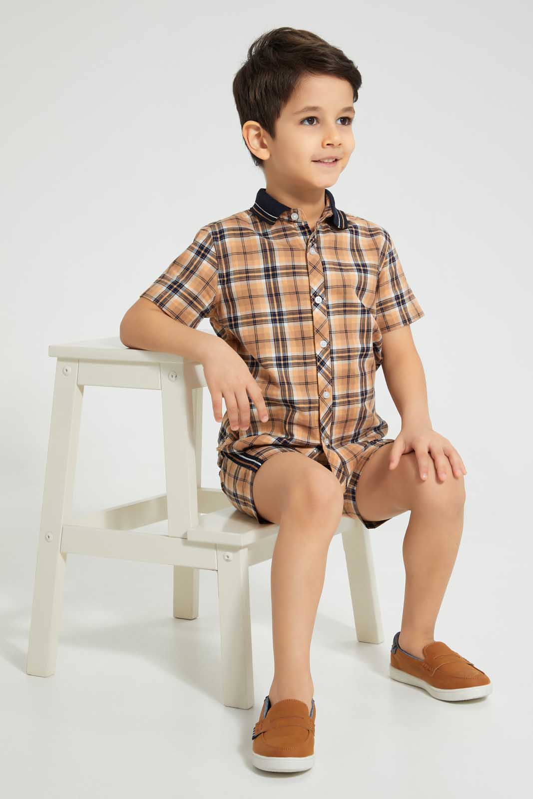 Redtag-Stone-Check-Shirt-And-Short-Set-Sets-Boys-2 to 8 Years
