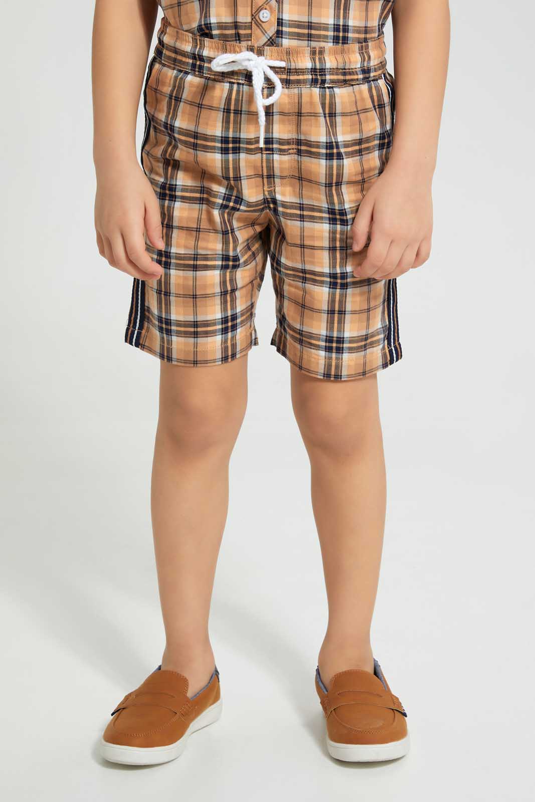 Redtag-Stone-Check-Shirt-And-Short-Set-Sets-Boys-2 to 8 Years