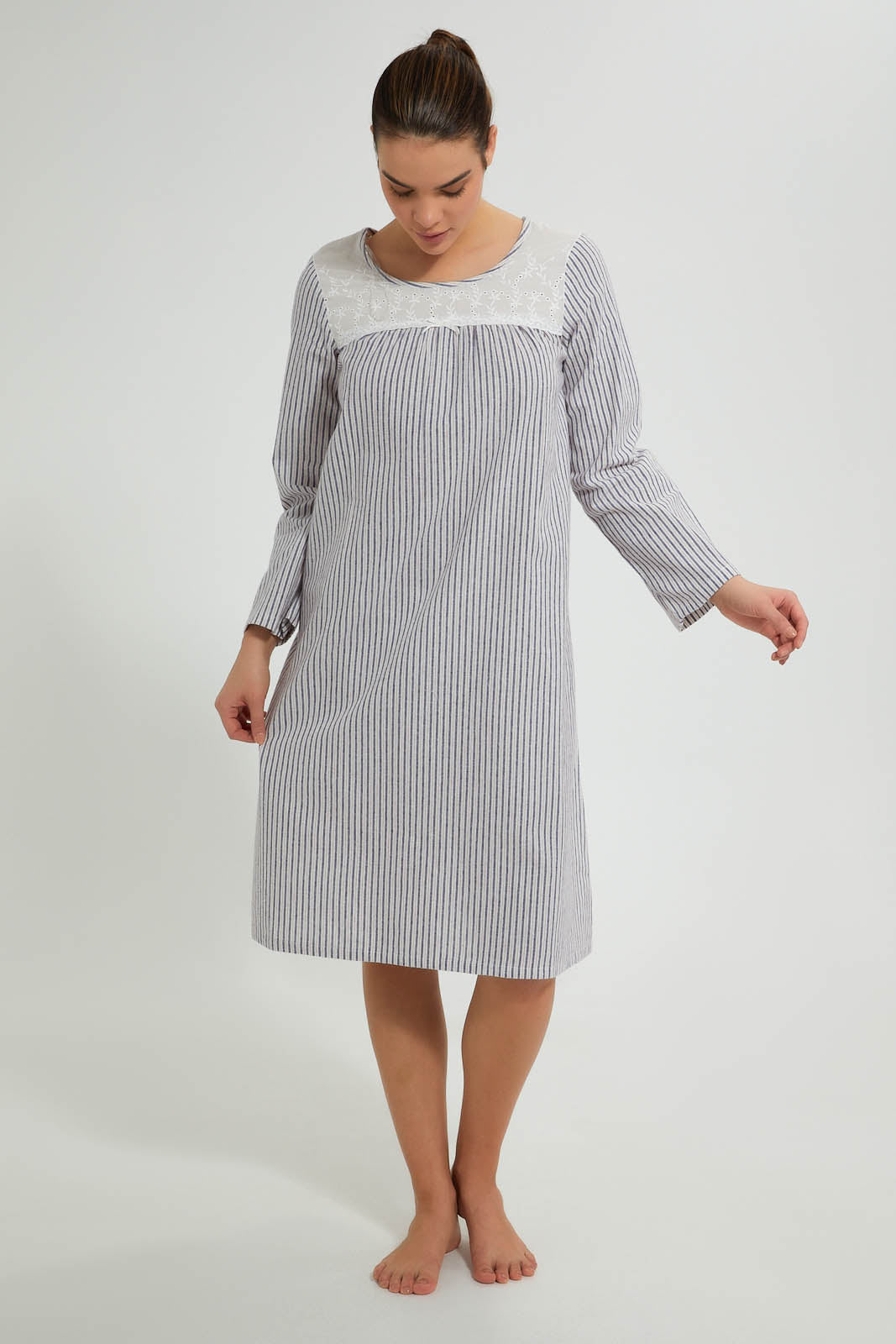 Redtag-Navy/Red-Yarn-Dyed-Stripe-Nightgown-With-Embroideredroidery-Yoke-Nightgowns-Women's-0