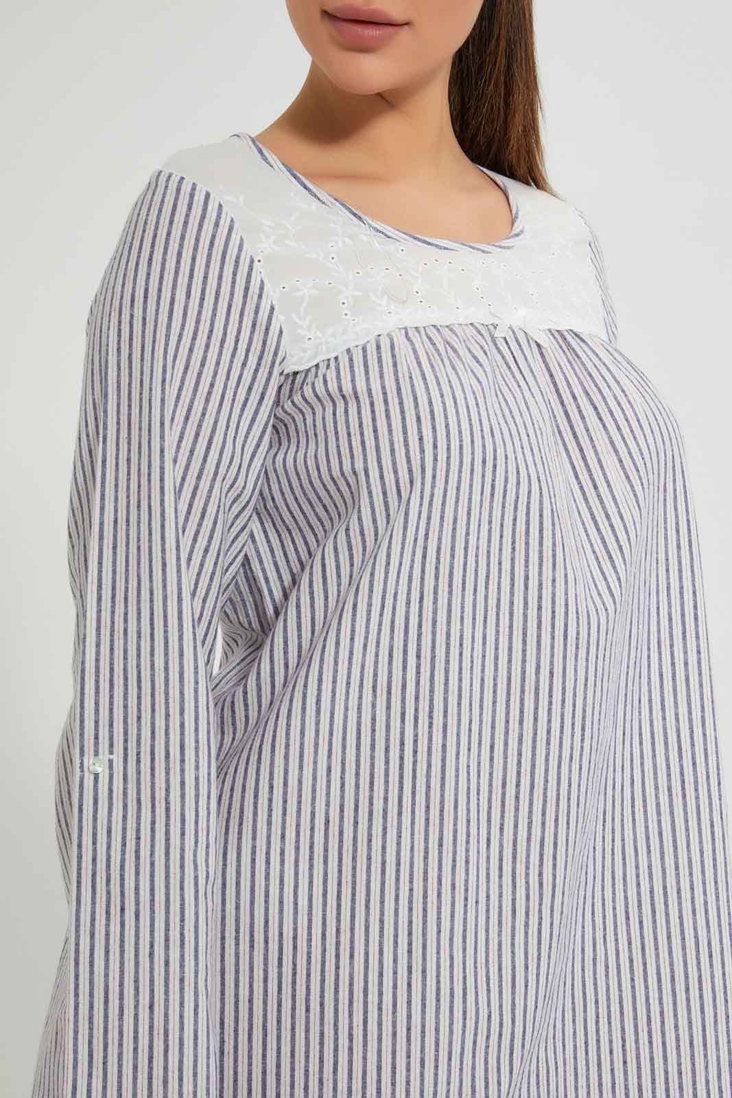 Redtag-Navy/Red-Yarn-Dyed-Stripe-Nightgown-With-Embroideredroidery-Yoke-Nightgowns-Women's-0