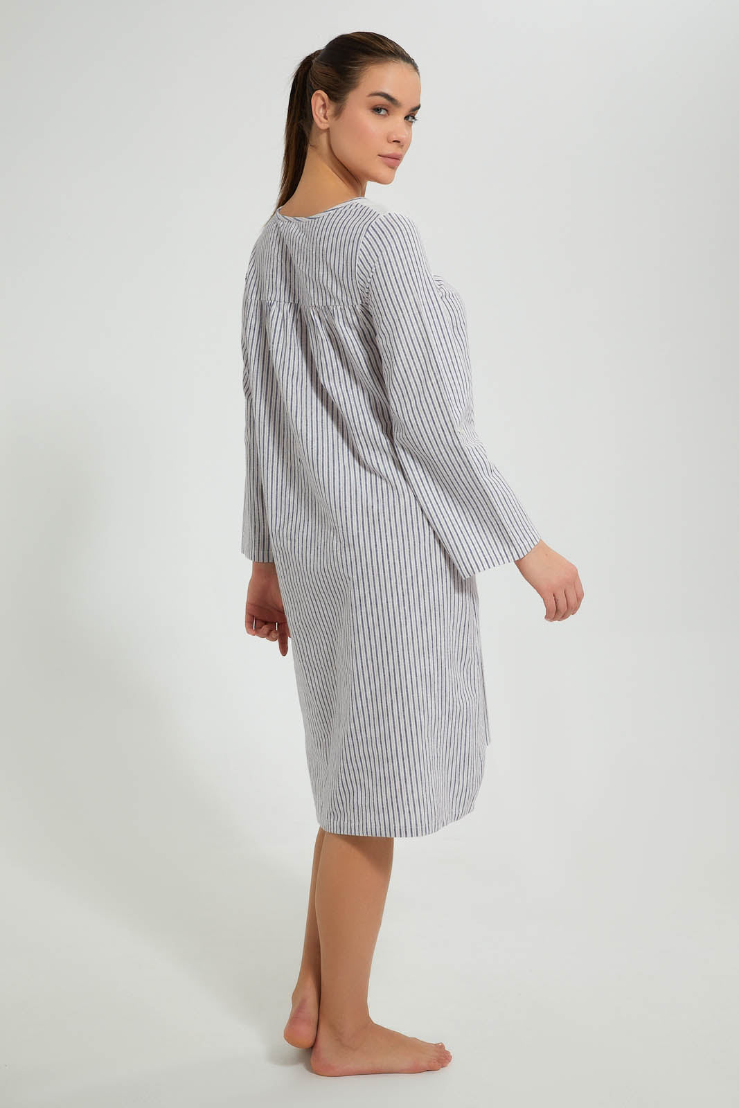 Redtag-Navy/Red-Yarn-Dyed-Stripe-Nightgown-With-Embroideredroidery-Yoke-Nightgowns-Women's-0