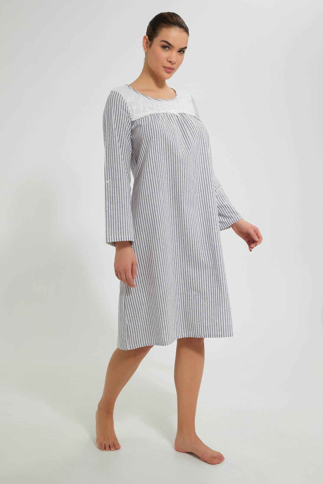 Redtag-Navy/Red-Yarn-Dyed-Stripe-Nightgown-With-Embroideredroidery-Yoke-Nightgowns-Women's-0