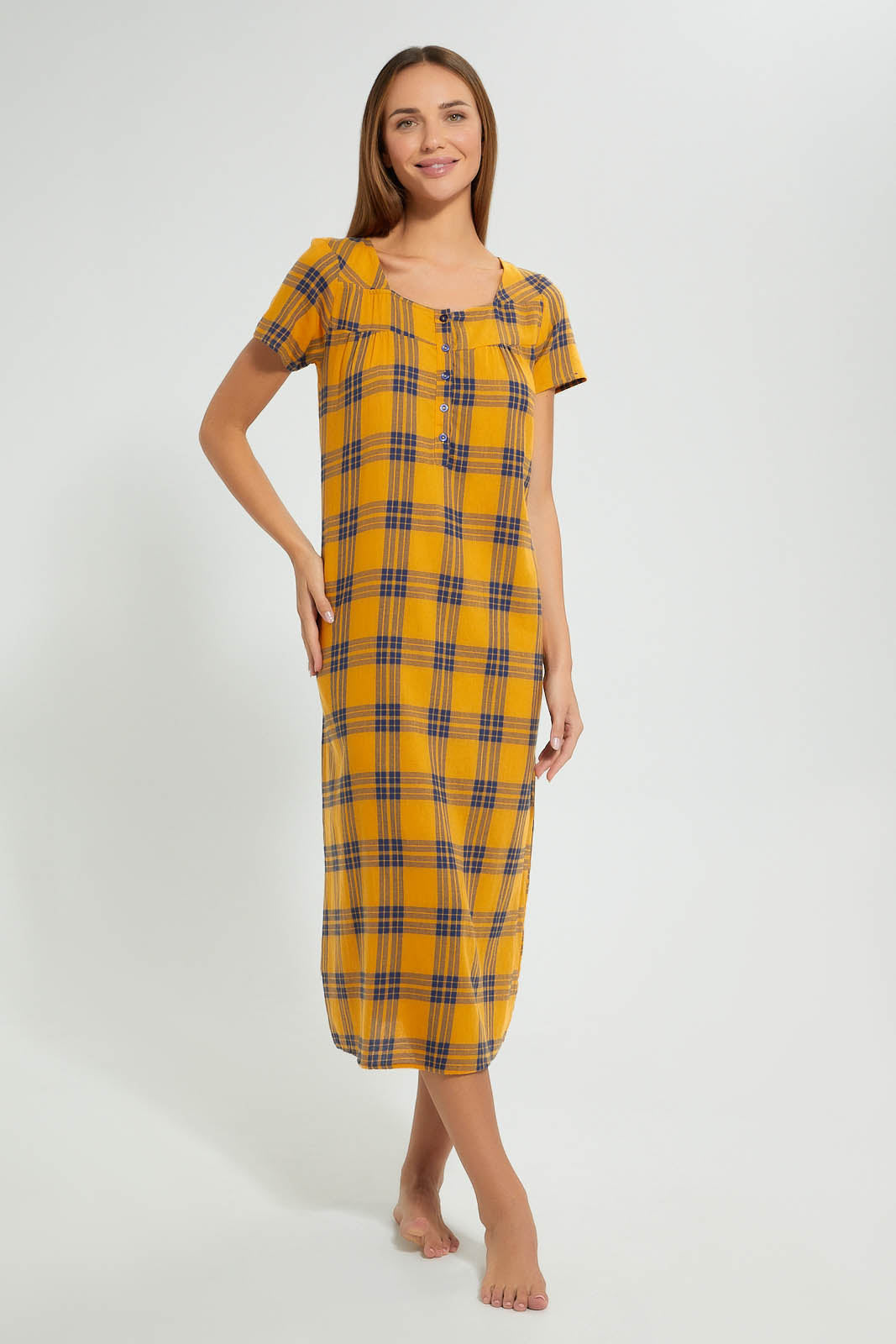 Redtag-Yellow-And-Navy-Check-Woven-Nightgown-Nightgowns-Women's-