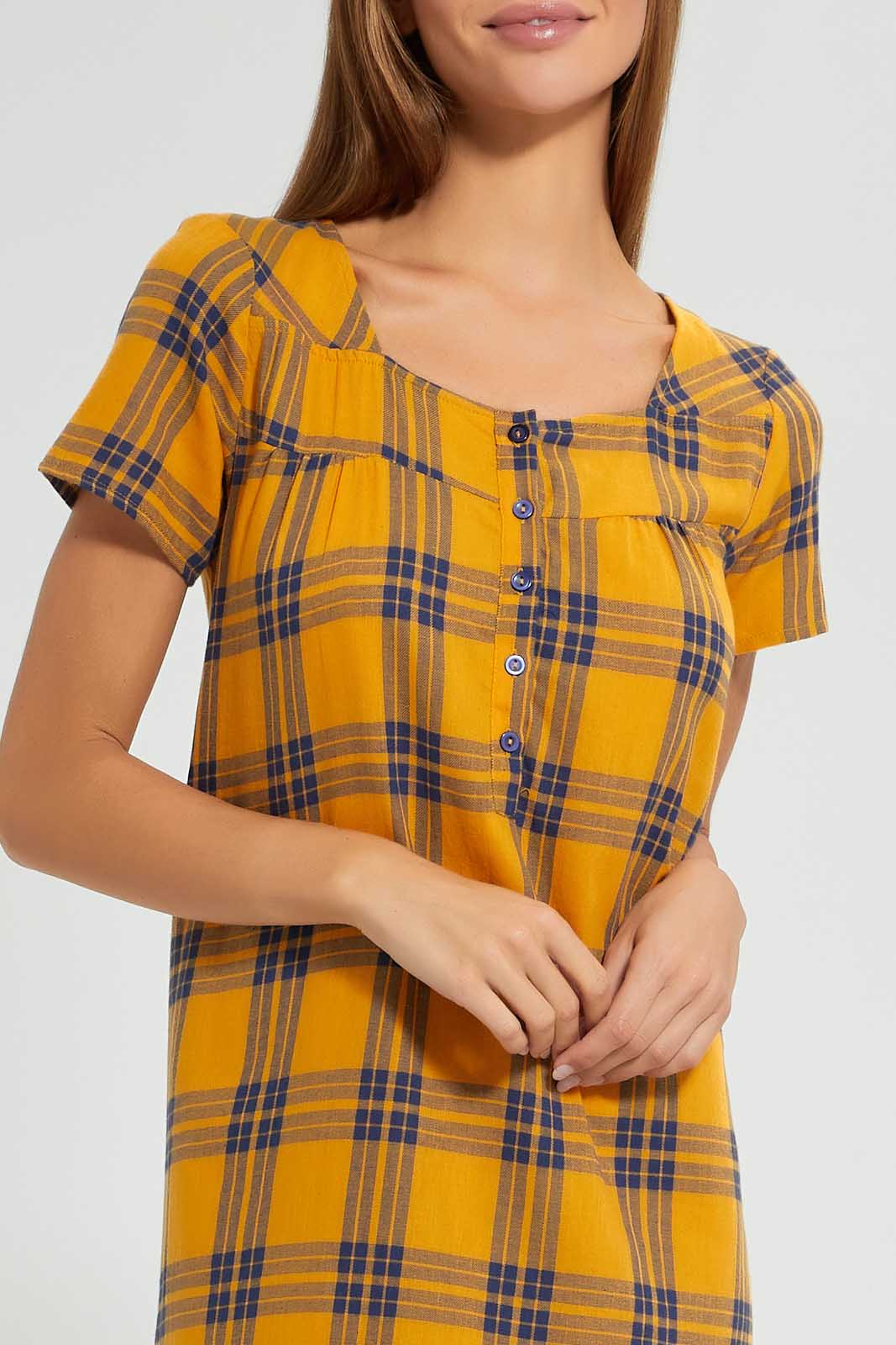 Redtag-Yellow-And-Navy-Check-Woven-Nightgown-Nightgowns-Women's-