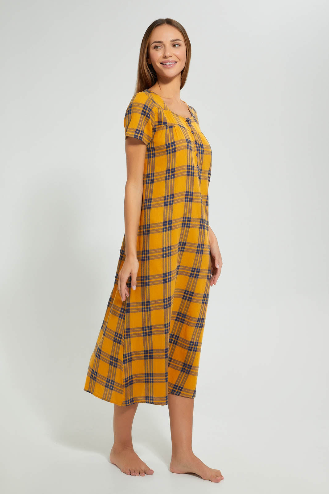 Redtag-Yellow-And-Navy-Check-Woven-Nightgown-Nightgowns-Women's-