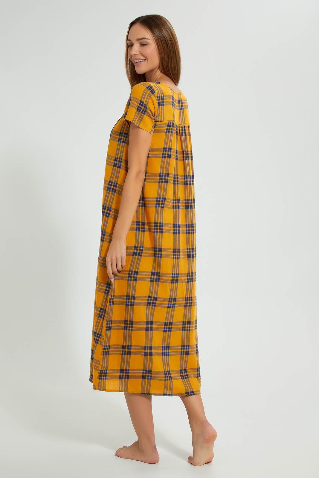 Redtag-Yellow-And-Navy-Check-Woven-Nightgown-Nightgowns-Women's-