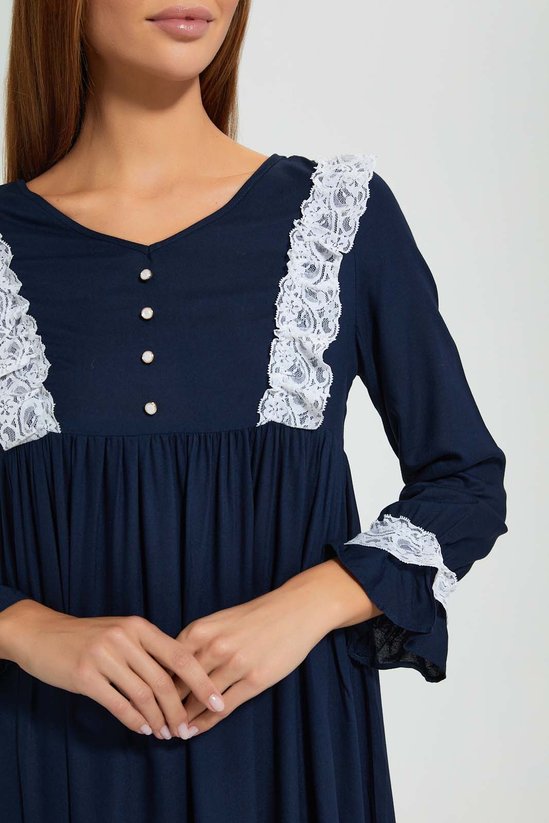 Redtag-Navy-Plain-Nightgown-With-Lace-Nightgowns-Women's-