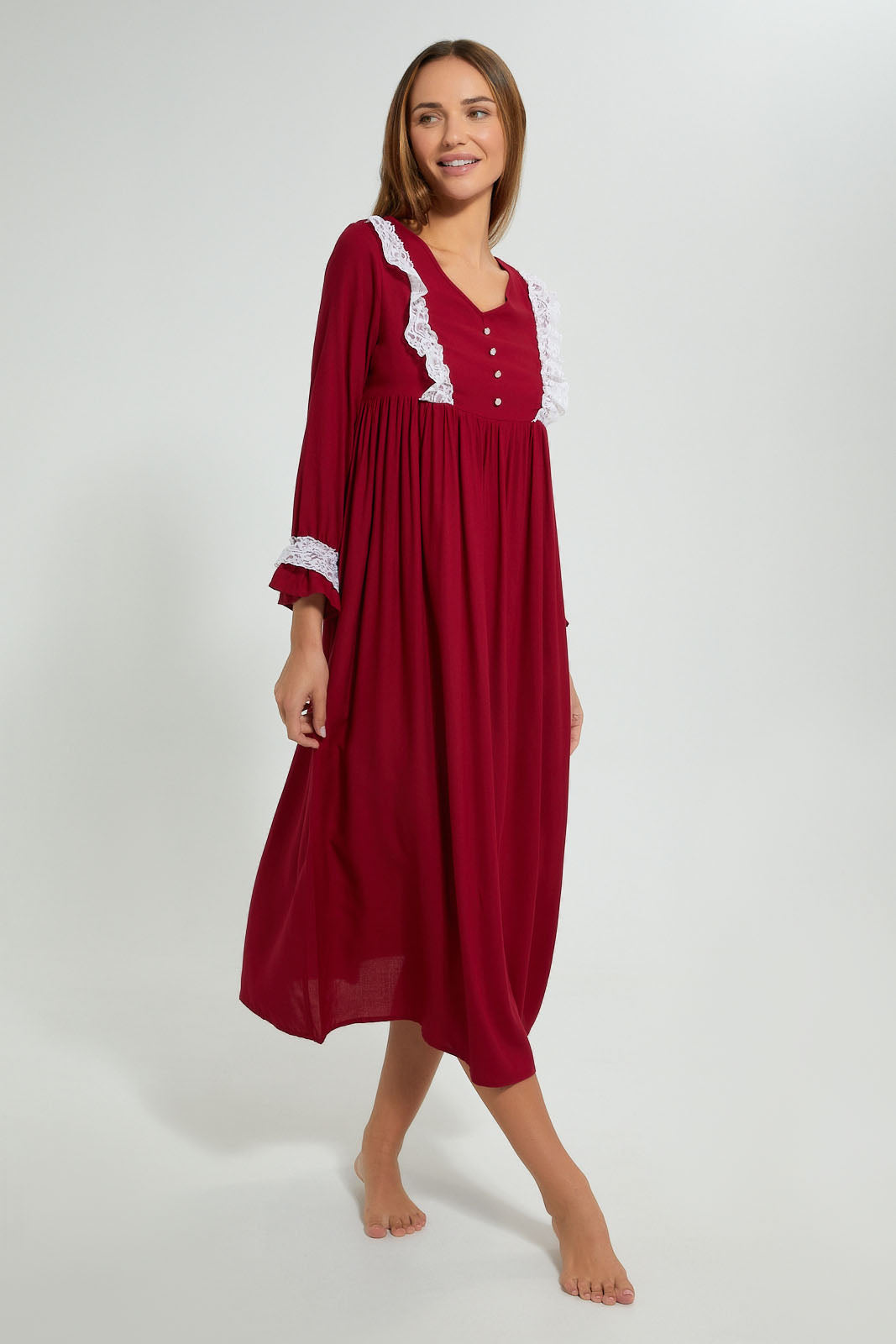 Redtag-Maroon-Plain-Nightgown-With-Lace-Nightgowns-Women's-