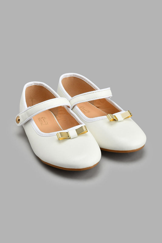 Redtag-White-Bow-Metal-Trim-Ballerina-Colour:White,-Filter:Girls-Footwear-(3-to-5-Yrs),-GIR-Casual-Shoes,-New-In,-New-In-GIR-FOO,-Non-Sale,-S22A,-Section:Kidswear-Girls-3 to 5 Years