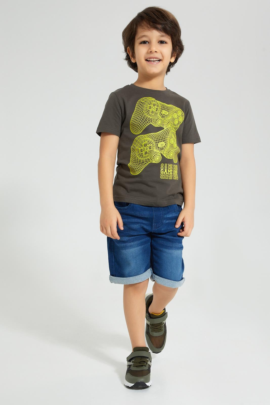 Redtag-Dark-Grey-Controller-Graphic-T-Shirt-Graphic-Prints-Boys-2 to 8 Years