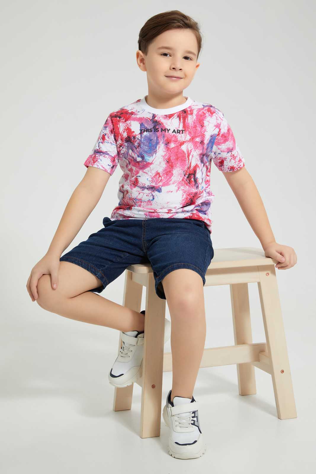 Redtag-White-Paint-T-Shirt-All-Over-Prints-Boys-2 to 8 Years