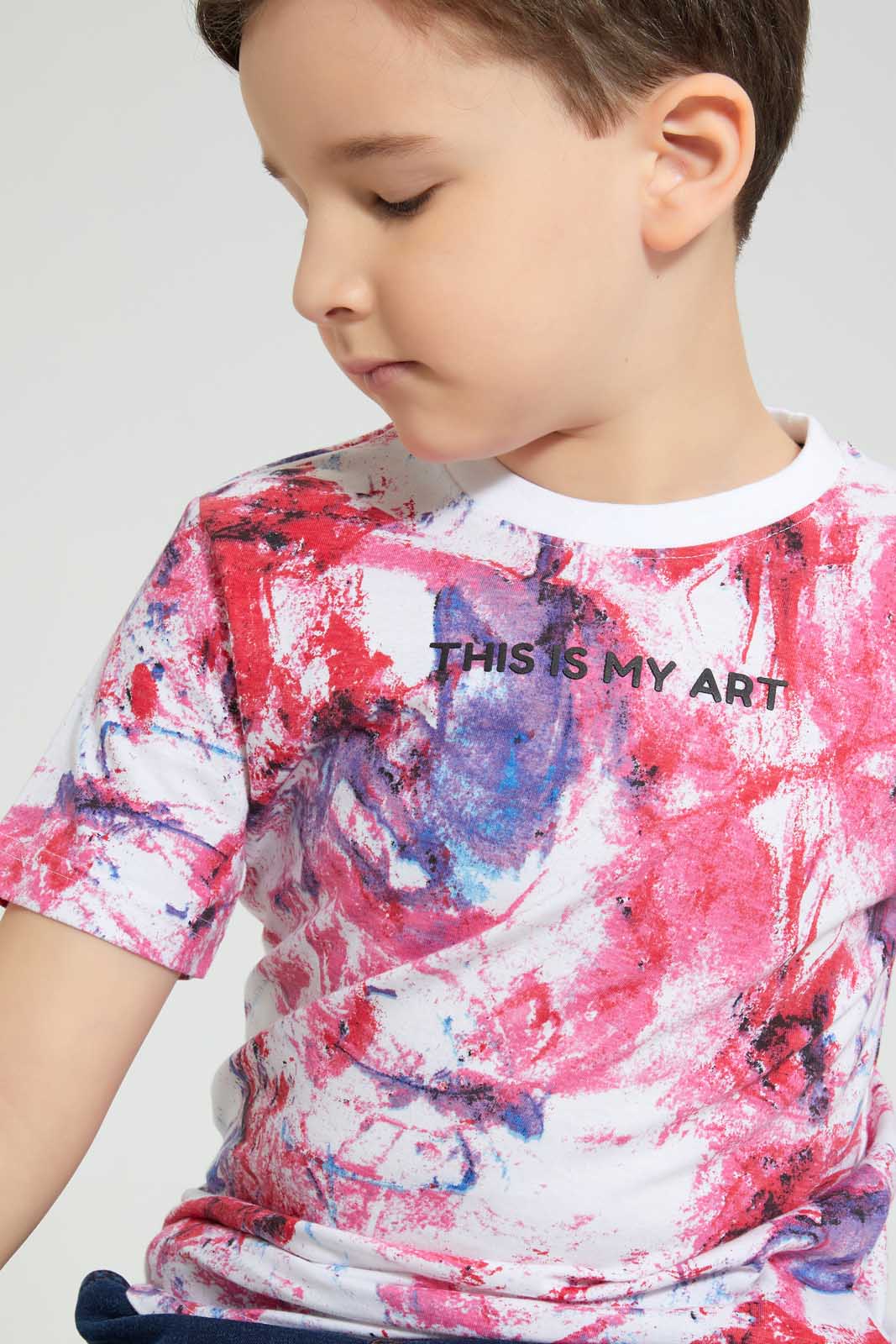 Redtag-White-Paint-T-Shirt-All-Over-Prints-Boys-2 to 8 Years