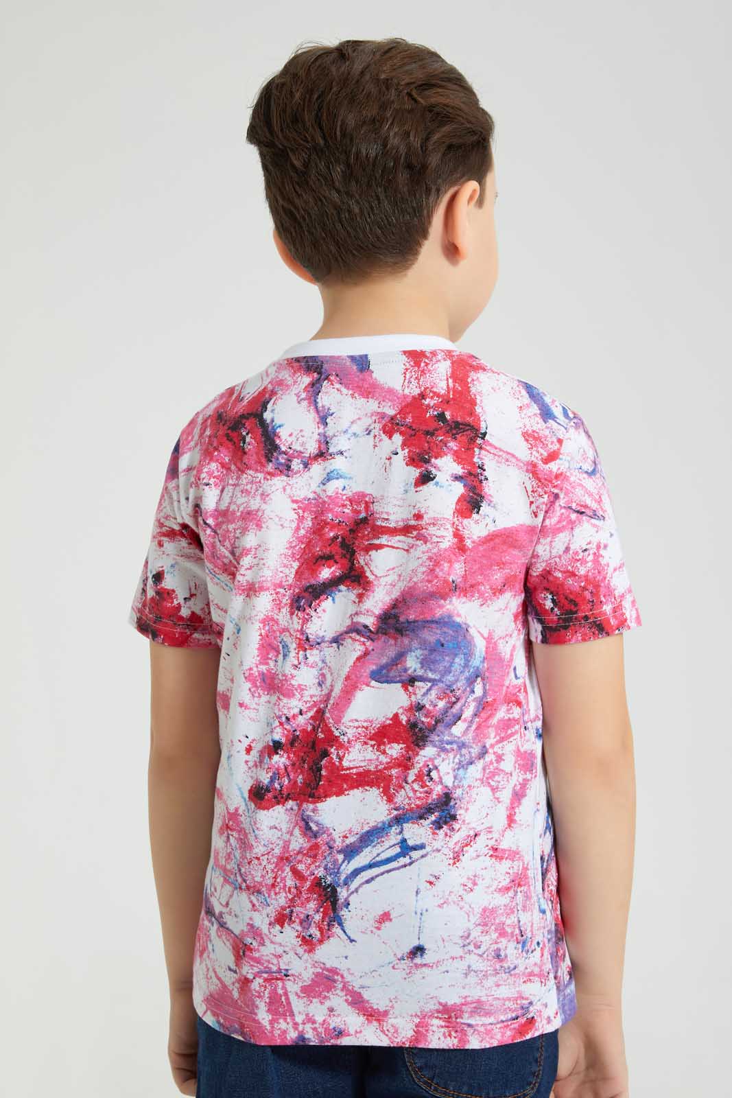 Redtag-White-Paint-T-Shirt-All-Over-Prints-Boys-2 to 8 Years