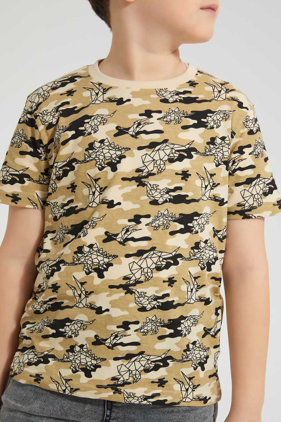 Redtag-Olive-Dinosaur-T-Shirt-All-Over-Prints-Boys-2 to 8 Years