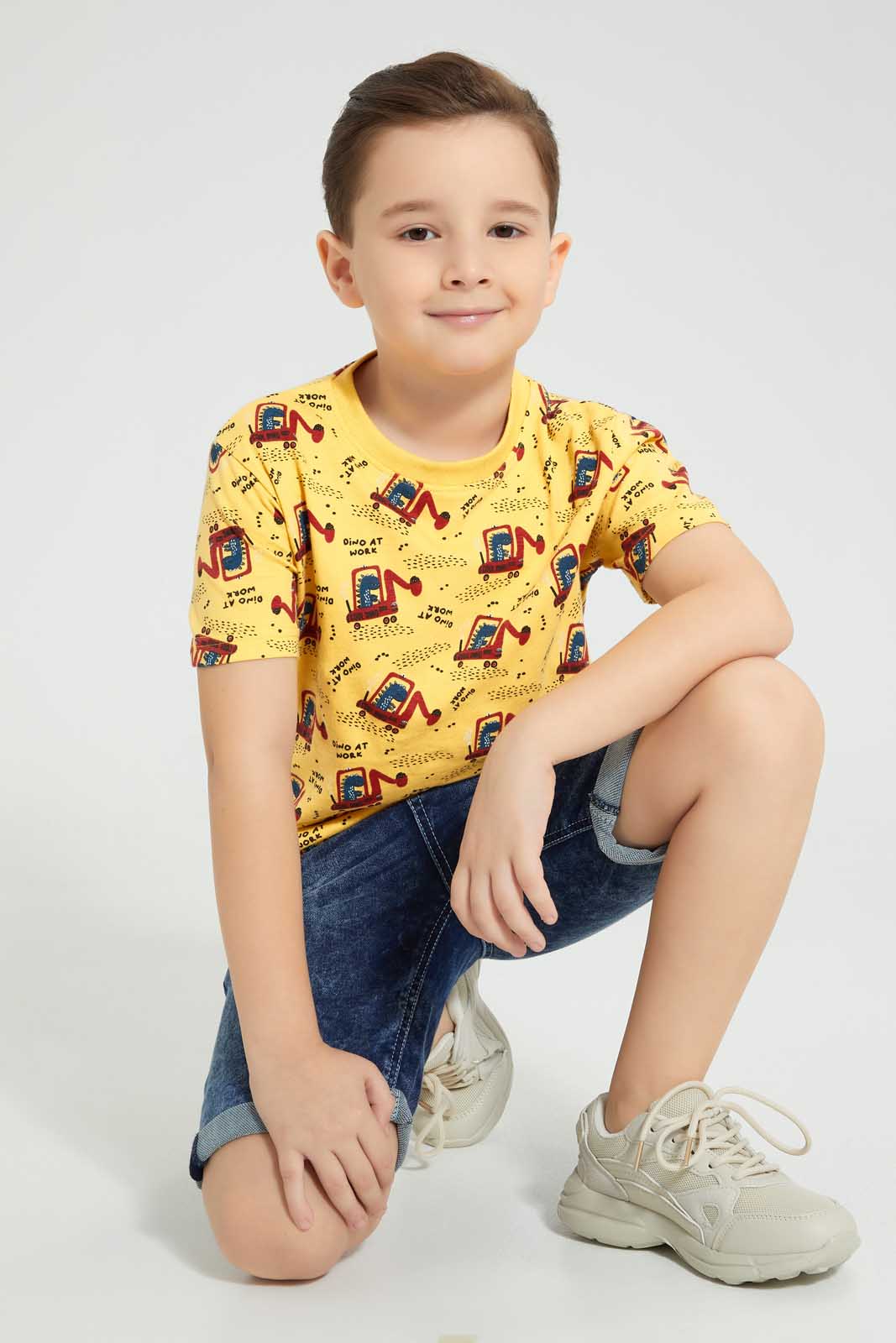 Redtag-Yellow-Dino-Digger-Print-T-Shirt-All-Over-Prints-Boys-2 to 8 Years