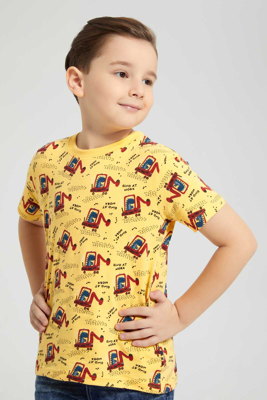 Redtag-Yellow-Dino-Digger-Print-T-Shirt-All-Over-Prints-Boys-2 to 8 Years