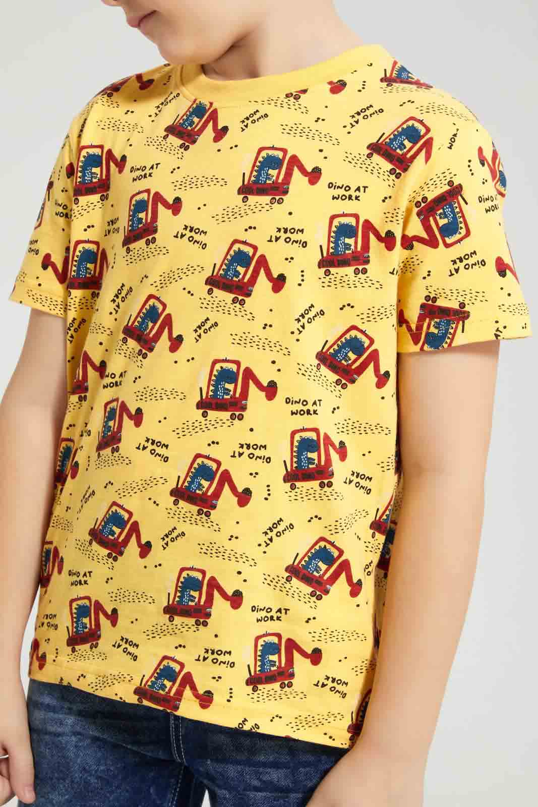 Redtag-Yellow-Dino-Digger-Print-T-Shirt-All-Over-Prints-Boys-2 to 8 Years