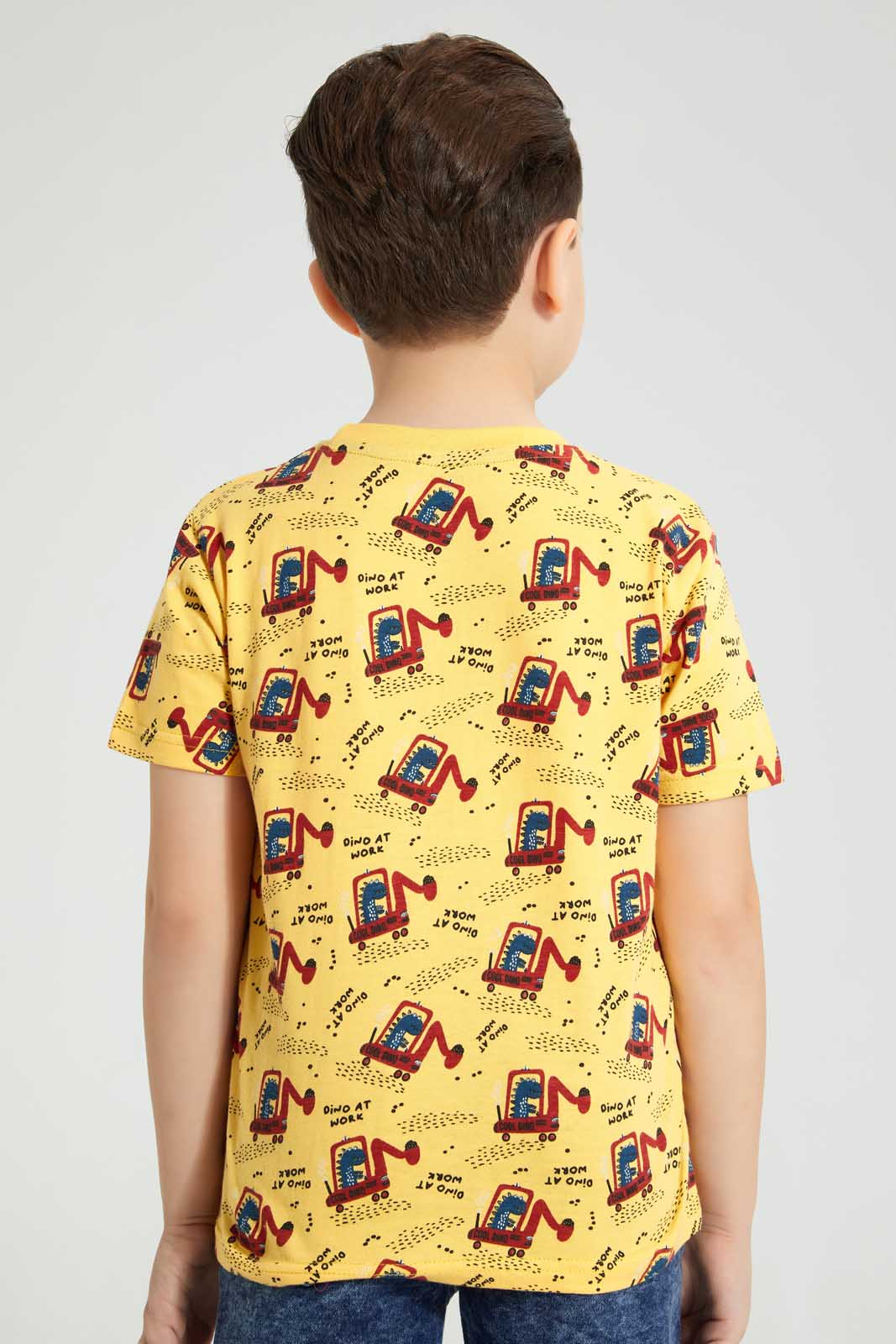 Redtag-Yellow-Dino-Digger-Print-T-Shirt-All-Over-Prints-Boys-2 to 8 Years