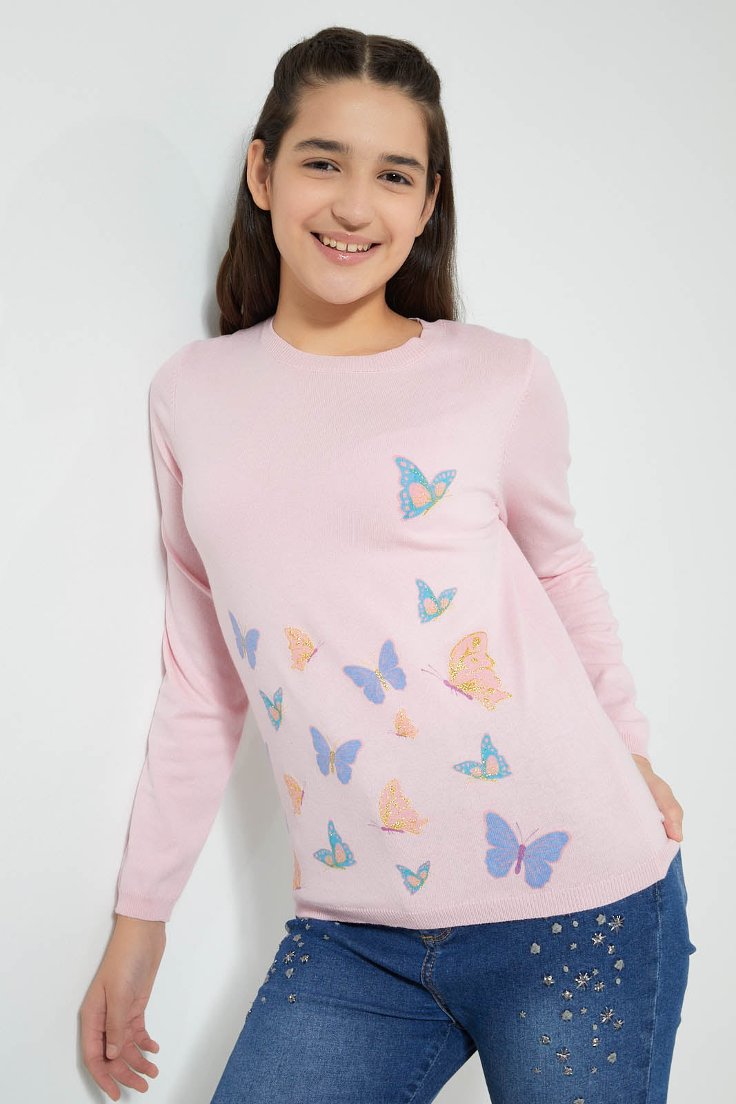 Redtag-Pink-Butterfly-Pullover-Jumpers-Senior-Girls-9 to 14 Years