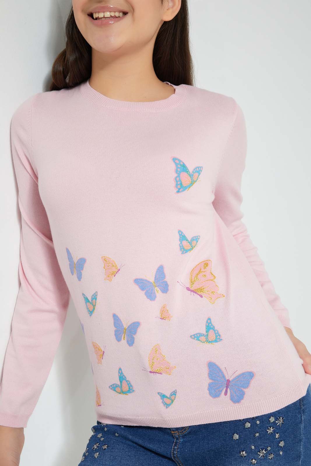 Redtag-Pink-Butterfly-Pullover-Jumpers-Senior-Girls-9 to 14 Years