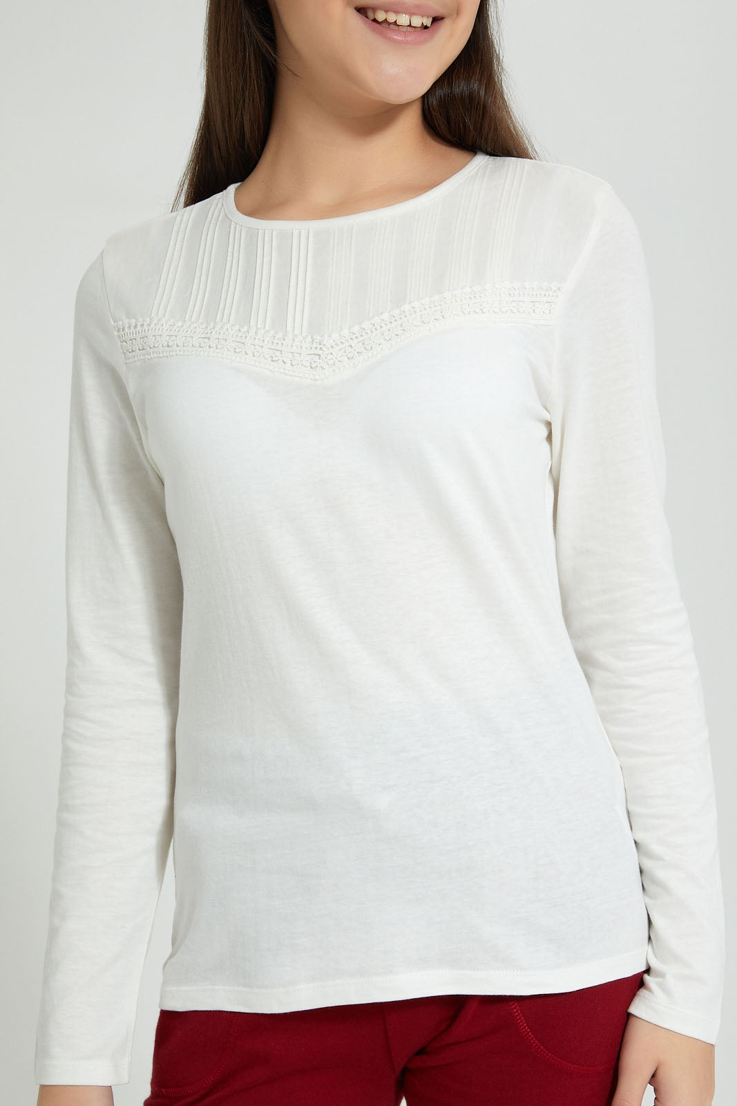 Redtag-White-Long-Sleeve-Front-Pleating-Top-Plain-Senior-Girls-9 to 14 Years