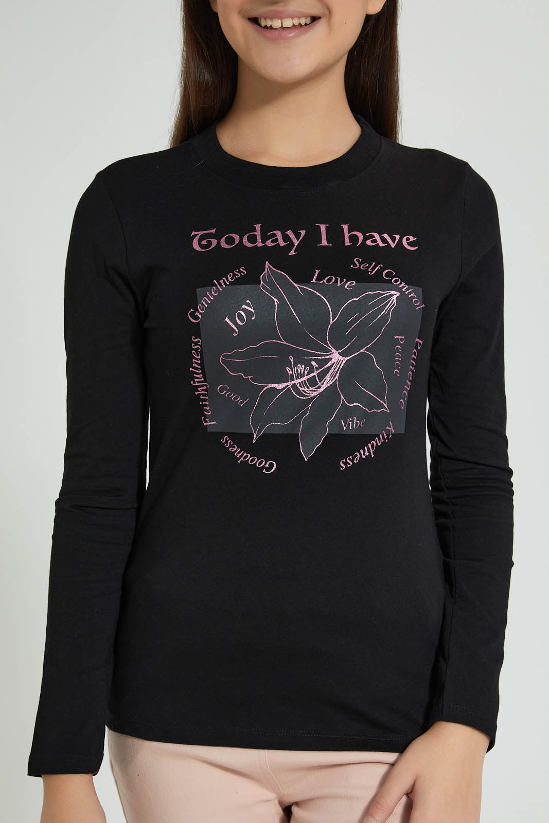 Redtag-Navy-Long-Sleeve-Graphic-T-Shirts-Graphic-Prints-Senior-Girls-9 to 14 Years